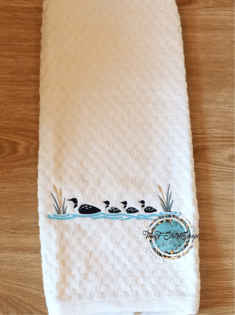 Embroidered Loon Family Waffle Dish Towel 
