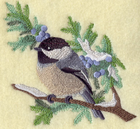 Embroidered Chickadee on Branch Berries Dish Towel 